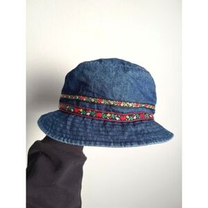 Denim Bucket Hat 58cm Blue Cottagecore Floral Heart Embroidered Trim Boho